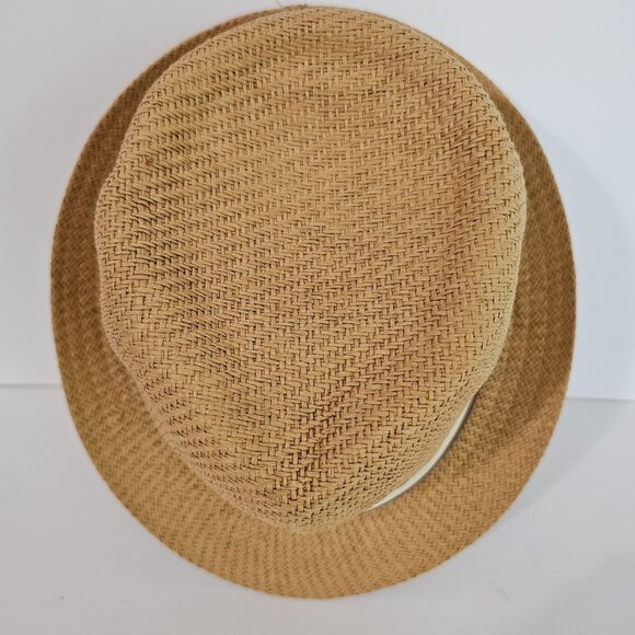 Henschel Medium Natural Straw Fedora Hat With Brown & White Trim‎ Band USA《804》A - Picture 3 of 5